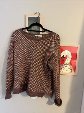 Uterqüe Brown and Cream Textured Crewneck Sweater